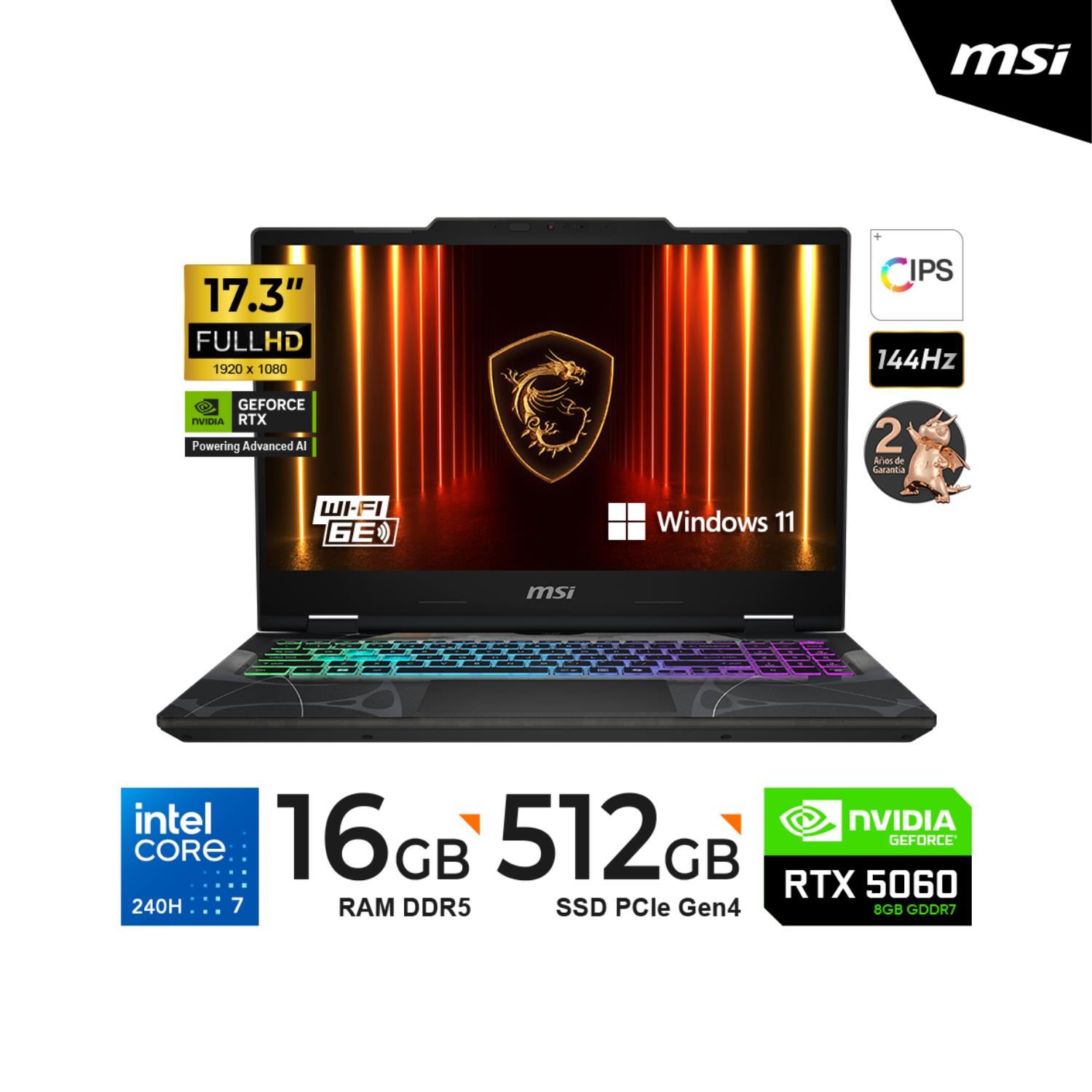 LAPTOP GAMER MSI CYBORG 17 B2RWFKG – Intel Core Ultra 7 240H / RTX 5060 / 16GB / 512GB SSD / 17.3" FHD 144Hz / Windows 11